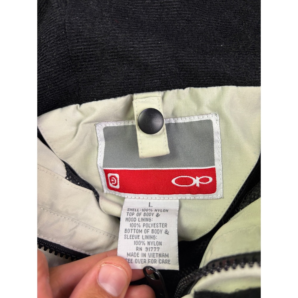 Vintage OP Ocean Pacific Hooded Jacket Mens L Grey Colorblock Nylon Windbreaker - Picture 2 of 8